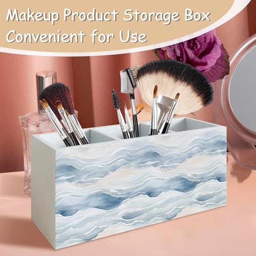 Ocean Waves Beach Pen Pencil Holder Organizer for Desk, Watercolor Coastal Beach Wooden Box Block Sign for Home Office Tabletop Decor - color: Wave