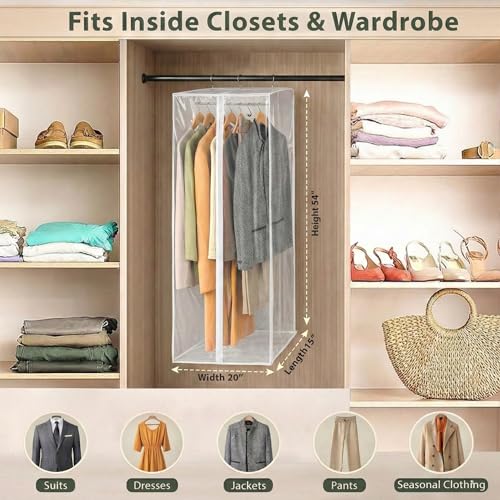 Clear Garment Bag, 54" Hanging Zippered Closet Organizer with Metal Frame – Protects Dresses, Suits & Jackets from Dust and Moisture - size: 54" Long