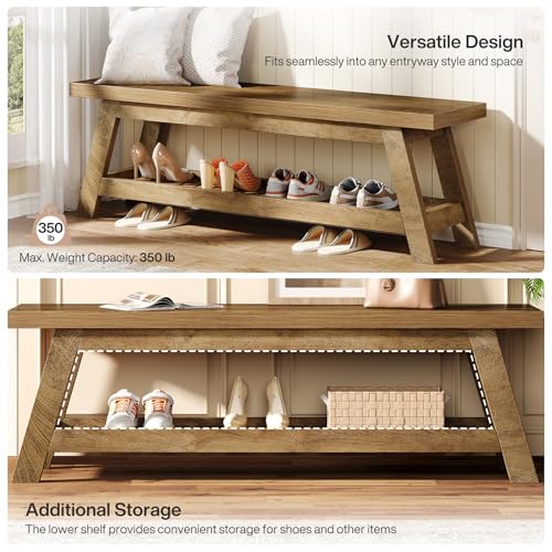 Tribesigns 55" Wood Entryway Bench with Shoe Storage, Large 2-Tier Narrow Hallway Foyer Seating Bench with Open Shelves for Entryway, Bedroom, Mudroom - color: Light Walnut