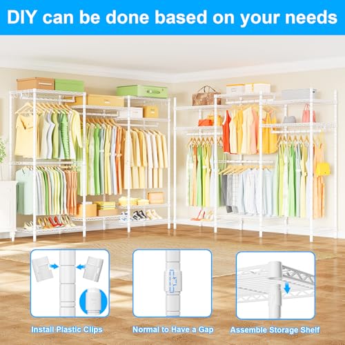 Ulif E13 Heavy Duty Clothes Rack（With 4 Hanger Rods & 8 Shelves） Freestanding Clothing Racks for Hanging Clothes，Adjustable Closet Organizer，Metal Garment Rack 63" W x16 D x77 H，Max Load 900LBS，White - color: White, size: E13