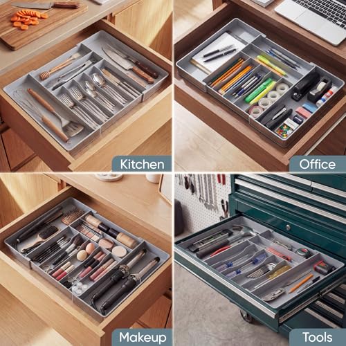 Heavy Duty Stainless Steel Frame Silverware Organizer with Plastic Body, Extra Large Silverware Drawer Organizer, 9 Slot Expandable Kitchen Drawer Organizer, 8 Non-Slip Feet Included, BPA Free, Gray - color: Gray