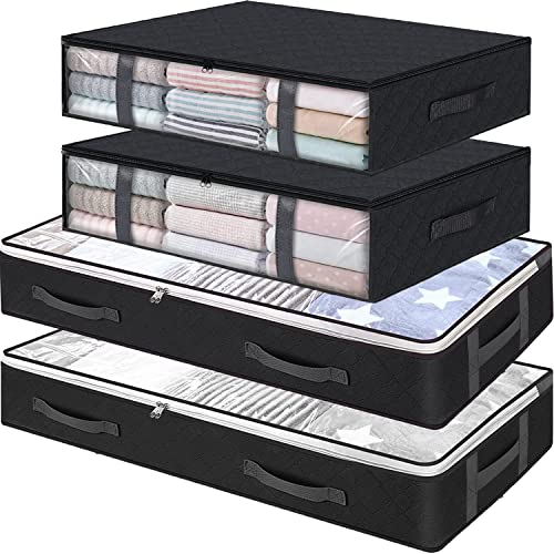 Under Bed Storage Containers, 4-Pack Large Underbed Storage Bags Organizer, Thick Fabric Storage Bins with Clear Window and Handles for Blanket, Comforter, Bedding, Clothes, Black - color: 4 Pcs-Black