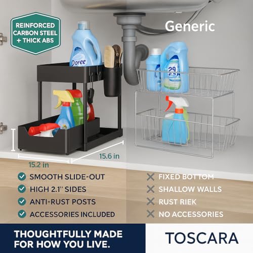 Under Sink Organizer – 2 Tier Sliding cabinet organizer with 4 Hooks & 1 Cup | Multi-Purpose Space Saving Shelf for under kitchen sink storage, Countertop, Bathroom, Pantry & Office Organization