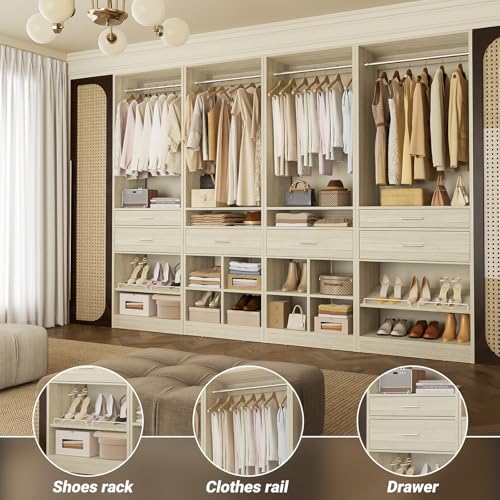 Unikito Closet System, 8.3FT Closet Organizer with 6 Wooden Drawers, Hanging Rods, Adjustable Shoe Rack and Cube Storage, Easy Assembly Wardrobe Tower, Set of 4, White Oak - color: White Oak, size: 100 Inch