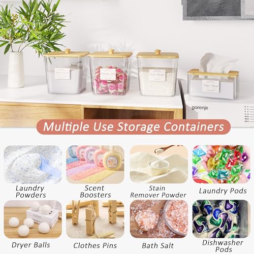 Vincona Laundry Room Organization and Storage, Laundry Pods Container and Dryer Sheet Holder with Bamboo Lids and Labels, Laundry Organizer with Scoops for Booster Beads, Powder, Pods, 3+1 Pack - size: 3+1 Pack