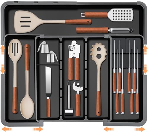 Large Utensil Drawer Organizer for Kitchen, Expandable Silverware Organizer Utensil Holder, Cutlery and Flatware Cooking Tray, Kitchen Drawer Organizers and Storage with Removable Knife Block, Black - color: Black