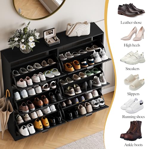HUANLEGO Shoe Cabinet Storage for Entryway with 6 Flip Drawers, Black Fluted Shoe Cabinet with Adjustable Shelves, Wooden Hidden Shoe Rack Freestanding Narrow Slim Shoes Storage for Hallway, Entrance - color: Black, size: 6 Drawer