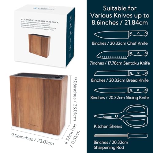 KITCHENDAO XL Acacia Wood Universal Knife Block with Slots for Scissors and Sharpening Rod, Safe, Space Saver Knives Storage Stand Display without Knives, Unique Slot Design to Protect Blade - color: XL-Acacia Wood
