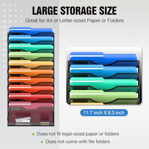 MINDEPOT 11 Tier Wall File Holder Hanging Wall Mount Paper File Organizer for Mails Folders Document Magazine Organization, for Office School Home, Black - size: 11Tier