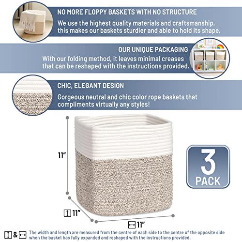 NaturalCozy Storage Cubes 11 Inch Cotton Rope Woven Baskets for Organizing, 3-Pack | Cube Bin Square Shelves Organizer, Classroom, Kids Toy Bins, Closet, Baby Nursery - color: Off White & Mixed Brown