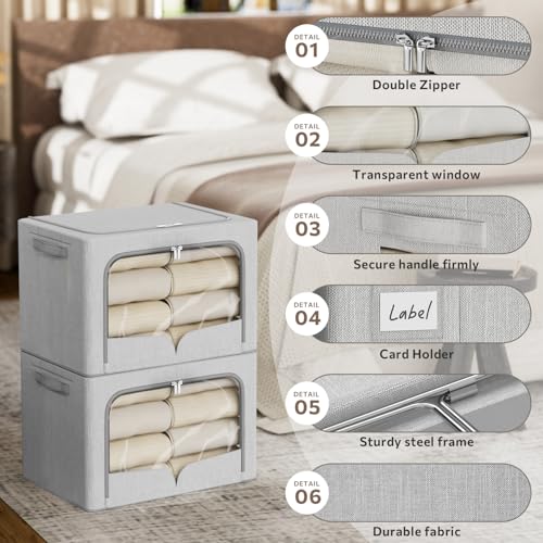 FHSQX 3 Pack Clothes Storage Bins Foldable Metal Frame Storage Box Extra Large Stackable Linen Fabric Organizer Set with Carrying Handles and Clear Window (Light Gray, 23.6x16.5x15.7inch(100L)) - color: Light Gray, size: 23.6x16.5x15.7inch(100L)