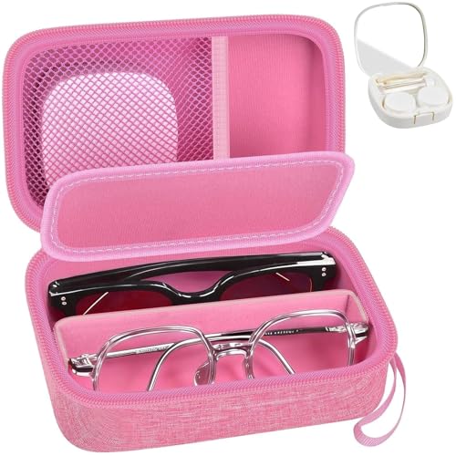 GWCASE Travel Glasses Organizer & Contact Lens Case - Adjustable Slots, Built-in Mirror, Tweezers, Solution Bottle & Hand Strap, Universal Fits Eyelasses/Sunglasses for Men & Women – Pink - color: Pink