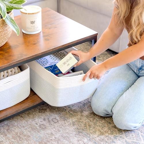 NaturalCozy Storage Baskets 16.8”x13”x7.6” Cotton Rope Woven Baskets for Organizing 3-Pack | Toy Storage Bins | Basket for Shelves, Laundry, Blanket, Clothes, Closet, Kitchen, Bathroom, Gifts - color: Off White & Mixed Blue