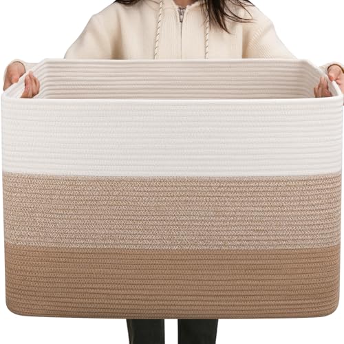 OIAHOMY 108L Super Large Blanket Basket, 25”x16”x16” Rectangle Woven Baskets for Storage, Cotton Rope Basket For Living Room, Toy Storage with Handle- Gradient Light Brown - color: Gradient Light Brown