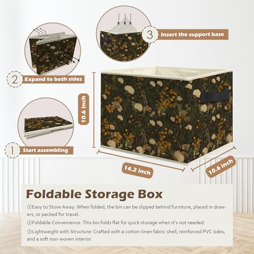 Vintage Rustic Floral Storage Box Bins, Dark Cottagecore Wildflower Collapsible Storage Basket Organizer for Bedroom Laundry Room Home Clothes Toys Books, Toybox for Girls - color: Floral E