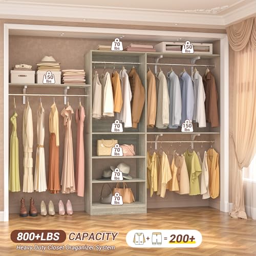 iSunirm 8FT Closet System with Shelves, 96'' Closet Organizer System with 3 Hanging Rods, Wall Mount Bedroom Wardrobe Walk-in Closet, Adjustable Cloth Garment Rack from 5 to 8FT(Cut to Fit), White Oak - color: White Oak
