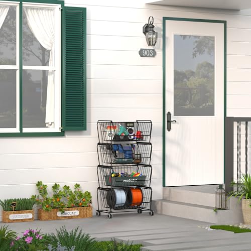 PUSDON 4-Tier Spacious Stackable Wire Storage Baskets with Wheels, Metal Rolling Utility Cart, Produce Basket for Pantry, Bathroom Organizer Shelf, Matte Black - color: Matte Black, size: 4 Tier Standard