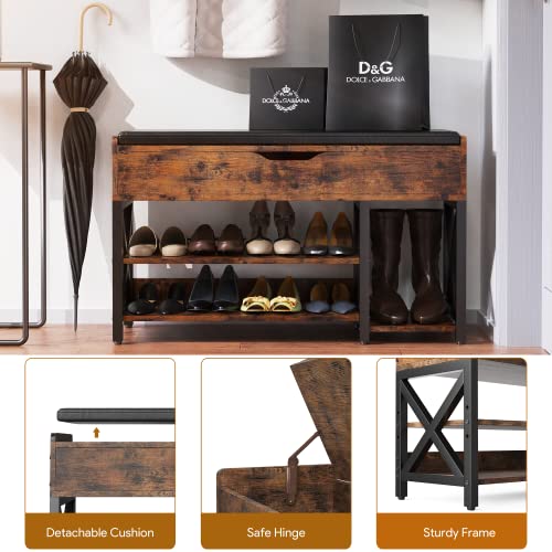 Shoe Bench, Lift Top Shoe Storage Bench, Adjustable Shelf Entryway Bench, Metal and Wood Shoe Rack Organizer with Cushion for Entry, Bedroom, Closet, Living Room, Hallway (Brown, 35.5“W) - color: Brown, size: 35.5“W