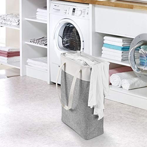 i BKGOO Laundry Basket with Handles Beige&Grey-Slim Laundry Bin Collapsible Dirty Clothes Basket Narrow Laundry Bag Foldable Dirty Hamper for Camping, Dorms, Apartments - color: Beige-Grey