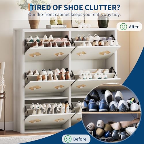 GarveeHome Shoe Storage Cabinet with 6 Flip Drawers, Narrow Wood Shoe Organizer Cabinet with Floral Pattern, Freestanding Slim Shoe Rack Cabinet with Adjustable Shelves, for Entryway, Hallway, White - color: Antique White, size: 6-Drawers