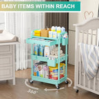 Goovilla 3 Tier Rolling Utility Cart Organizer with Removable Drawer, Stable and Sturdy Blue Rolling Storage Carts with 2 Lockable Wheels for Bathroom, Kitchen, Snack, Craft, Makeup, Baby Essentials - size: 3 Tier, style: Blue