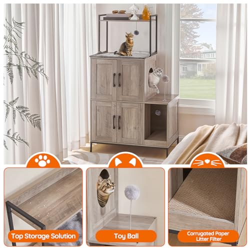 HOOBRO Cat Litter Box Enclosure Furniture, 2 in 1 Hidden Litter Box Furniture with Shelf, Double Litter Box Cabinet with 2 Dangling Plush Balls and 1 Toy Ball, Greige and Black BG78MW01 - color: Greige