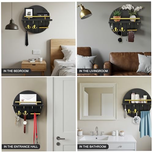 OurWarm Key Holder Wall Mount, 11.8 Inch Black Decorative Key and Mail Holder Organizer with 8 Key Hooks, Round Wooden Key Rack Key Hanger with Shelf for Wall Entryway Boho Home Decor