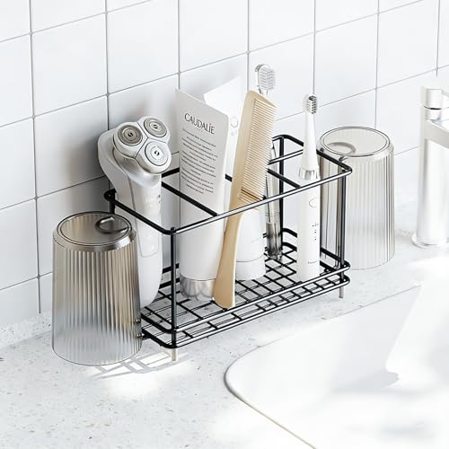 Carbon Steel Toothbrush Holders for Bathrooms, Electric Tooth Brush Holder and Toothpaste Organizer with Cup Holder Bathroom Accessories for Countertop, Shower, Sink - Black - color: Black, size: Small(with hooks)