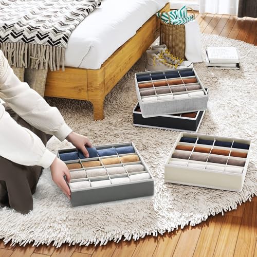 Joyoldelf Sock Drawer Organizer Divider Underwear Organizer 16-cell Fabric Dresser Drawer Organizers Storage Boxes for Socks Lingerie, Handkerchiefs, Ties 4 Pack (Grey) - color: Grey, size: 4*16 cells