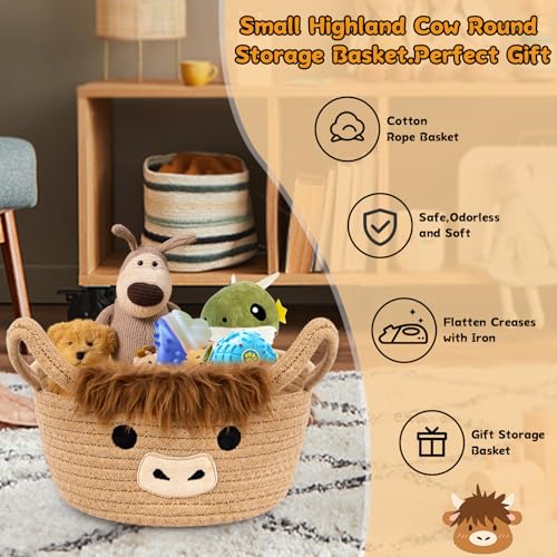 Highland Cute Cow Basket for Nursery, Small Shower Gift Basket, Round Woven Rope Cotton Storage, Baby Blanket 0rganizer with Ears Handles, Blanket Towel Decor Storage Bins, 10.7"D x 4.4"H in - color: Brown, size: 9"D × 5 "H