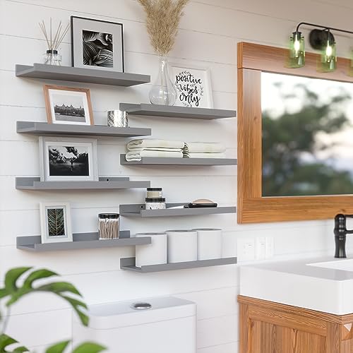 RICHER HOUSE 8 Set Floating Wall Mounted Shelves, Nursery Hanging Book Shelves with Lip for Storage, Gray Display Picture Ledge Shelf for Bedroom Bathroom Kitchen Living Room Wall Decor, Modern Grey - color: Grey, size: 8pcs*15.75in