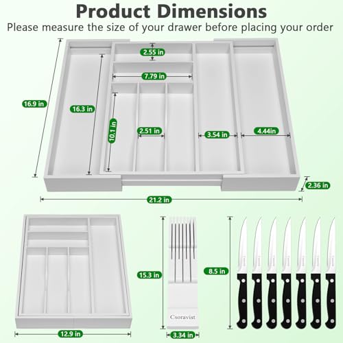 9-Piece Bamboo Kitchen Drawer Organizer Set, Expandable Silverware &Utensil Organizer with Removable Knife Block & Steak Knives, Flatware Organization, Tableware Dividers Storage(White) - color: White