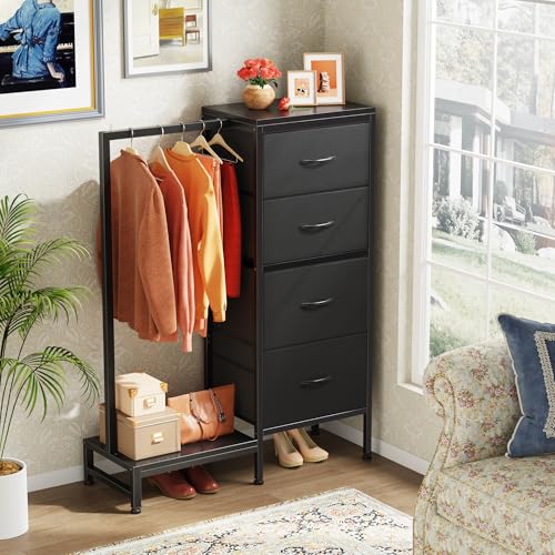 HIGDBFE Dresser with Hanging Rack, 4 Drawers Small Closet for Bedroom, Reversible Fabric Kids Chest of Drawers with Clothes Rack, Tall Storage Tower, Sturdy Frame, Black, 44''H - color: Black