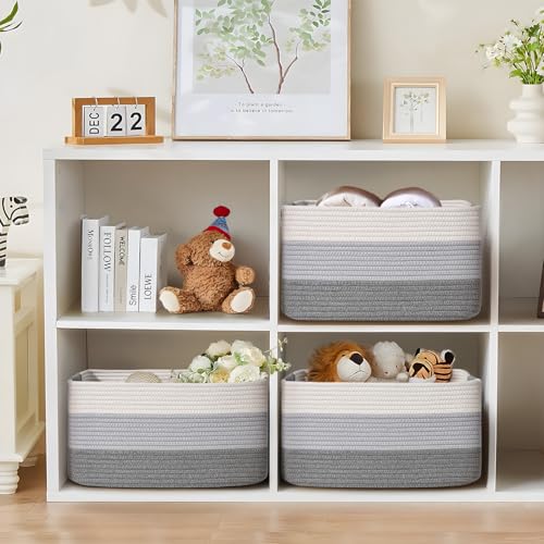 4 Pack Large Storage Basket for Organizing, 17.5"x13"x7" Woven Basket for Shelves, Closet Cube Storage Bins with Wrapped Handle, Cotton Rope Baskets for Kitchen, Clothes, Toys(Gradient Grey) - color: Gradient Grey, size: 4 Pack