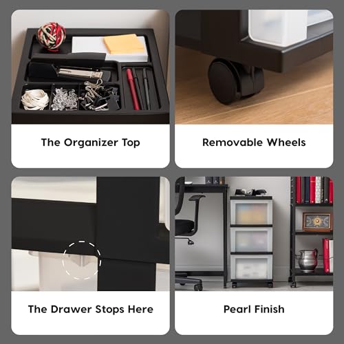 IRIS USA Plastic Drawer Storage Organizer Rolling Cart, with Wheels Casters, 3-Drawers, for Classroom Art Craft Supplies Dresser Closet Bathroom Laundry Room, Black/Pearl - color: Black, size: 3 Drawer with Wheels