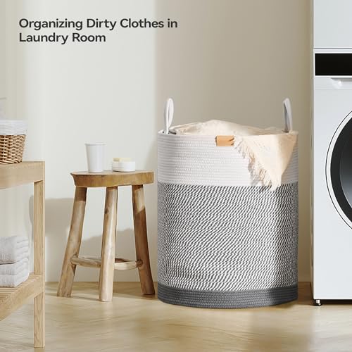 Nunsino Laundry Hamper 95L,Large Laundry Basket for Clothes,Decorative Storage Basket for Blankets,Cotton Rope Woven basket for bedroom,Grey White - color: Grey&White, size: 95L/25.1Gal