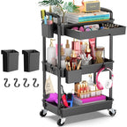 Goovilla 3 Tier Rolling Utility Cart Organizer with Removable Drawer, Stable and Sturdy Black Rolling Storage Carts with 2 Lockable Wheels for Bathroom, Kitchen, Snack, Craft, Makeup, Baby Essentials - size: 3 Tier, style: Black