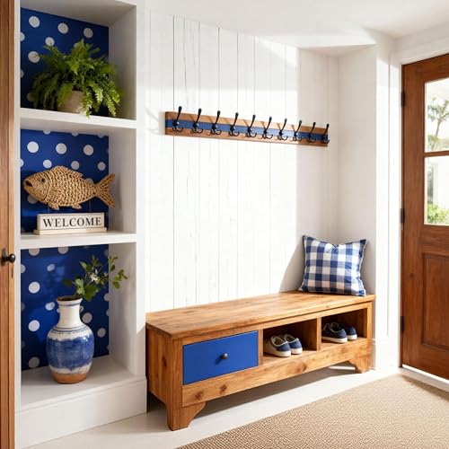 SKOLOO Rustic Wall Mounted Coat Rack - 38-1/8" Long Coat Hooks for Wall with 10 Triple Hooks for Hanging Coats, Hats or Tools, Western National Parks Collection, Wood Brown & Blue - color: Blue & Brown Plates & Black Hook, size: 1 Item-10 Hooks