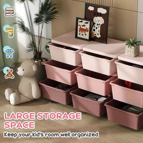 Qaba 3 Tier Kids Storage Unit, Toy Organizers and Storage with 9 Drawer Chest for Kids Bedroom Nursery Kindergarten Living Room for Boys Girls Toddlers, Pink - color: Pink, size: 44.5" x 14.5" x 22.25"
