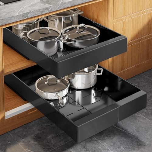 Seinloes 2 Pack Expandable Pull Out Cabinet Organizer 21" Deep with Raising Pad for Framed Cabinets,Upgrade 3 Slide Rails Slide Out Drawers,Roll Out Shelves Adhesive,Adjustable Width 9"-14.1" Black - color: Black, size: 21"D x 9"-14.1"W(2Pack)