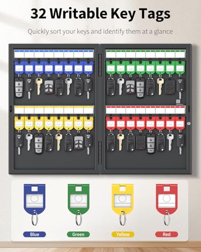 Uniclife 32 Position Key Lock Box, Wall Mount Key Box, Car Key Organizer with Writable Key Racks and Tags, Security Key Cabinet, Car Key Holder Storage Box for Office Hotel & Company - color: Black, size: 32-Key(Key Lock)