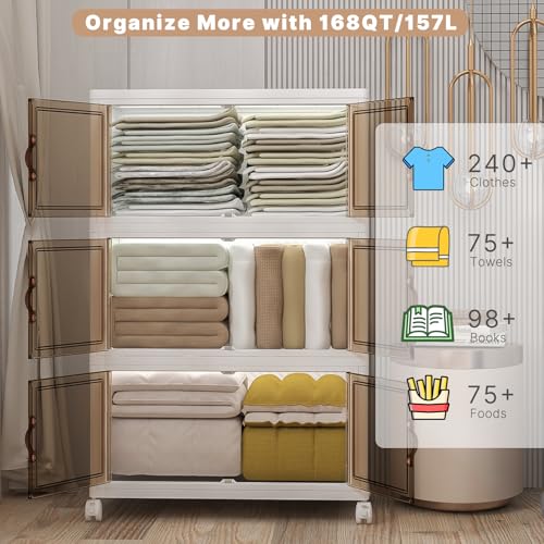 UAMFURI Extra Large Stackable Storage Bins with Lids & Wheels, 504QT-168QT/42GAL*3Pack Foldable Collapsible Closet Organizers Storage Cabinet with Doors for Bedroom Dorm - color: white, size: 3PACK-30"W20"D50"H