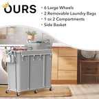 Simple Houseware Extra Large 2 Section Rolling Laundry Cart 265L (70 Gal) – Heavy Duty Hamper with 2 Removable Bags & 6 Smooth Wheels – Commercial Laundry Organizer for Home, Hotel, Dorm, Gym, Gray