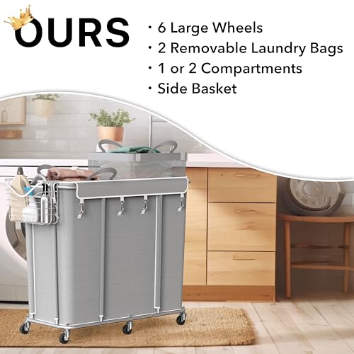 Simple Houseware Extra Large 2 Section Rolling Laundry Cart 265L (70 Gal) – Heavy Duty Hamper with 2 Removable Bags & 6 Smooth Wheels – Commercial Laundry Organizer for Home, Hotel, Dorm, Gym, Gray
