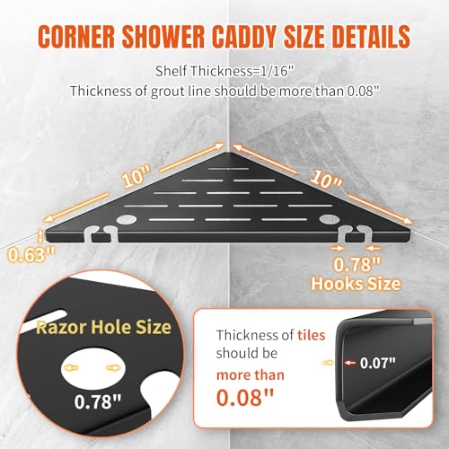 Permanent Tile-in Corner Shower Shelves with Hooks, Modern 304 Stainless Steel Shower Caddy for Bathroom Renovation & Hotel, Heavy Duty No-Drill Grout Mount Organizer for Tile Wall,10", 2 Pack - color: 2-upgraded Black