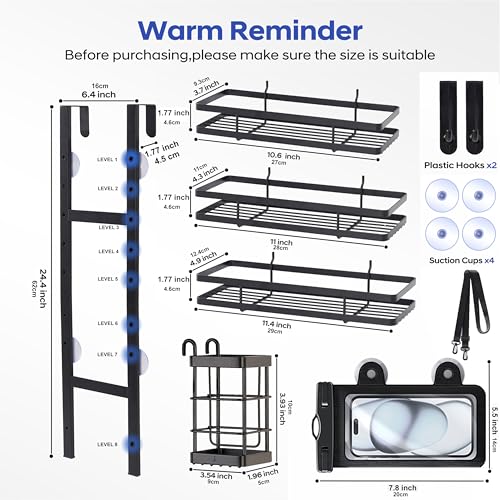 Over the Door Shower Caddy Hanging, Rustproof Shower Shelves with Waterproof Phone Pouch, 3-Tier Adjustable Bathroom Organizers and Storage, No Drilling Shower Shelf, Black Shampoo Soap Holder - size: 3 Tier