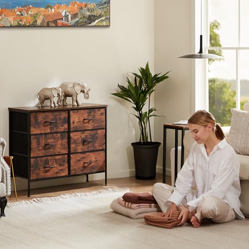 Sweetcrispy Dresser for Bedroom with 6 Storage Drawers, Fabric Storage Tower Organizer, Chest of Drawers with Metal Frame Wooden Top for Closet, Living Room, Entryway, Rust Brown - color: Brown, size: 31.5"D x 11.8"W x 31.5"H (6 Drawers)