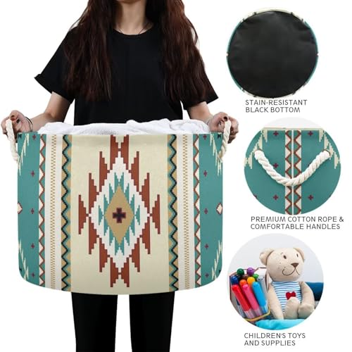 Teal Ethnic Aztec Print Round Storage Basket Retro Tribal Navajo Geometric Large Laundry Hamper 20 x 20 x 14 Inches Organizer Bin with Handles Clothes Storage Bag for Nursery Bedroom Living Room Decor - color: Teal