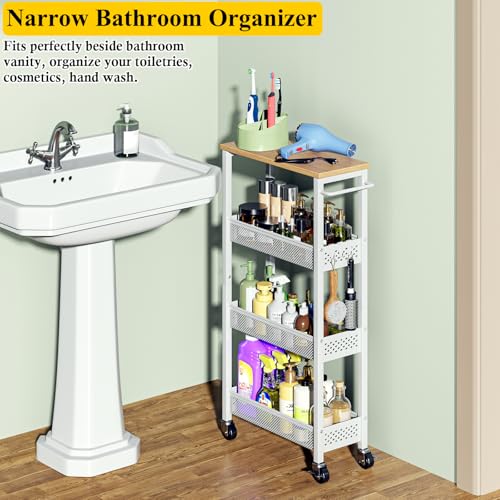 OKZEST Utility Slim Storage Cart, 4 Tier Small Rolling Kitchen Laundry Room Cart with Wood Top, Metal Narrow Bathroom Storage Cabinet Mobile Shelf Unit Organizer Trolley with Handle for Narrow Space - color: White, size: 7.1 inch wide