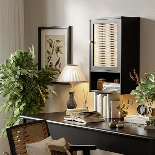Bathroom Wall Cabinet, Bamboo Over-The-Toilet Storage Organizer with Rattan Doors and Adjustable Shelf, Space Saver Medicine Cabinet for Laundry, Kitchen, Living Room (Black) - color: Black
